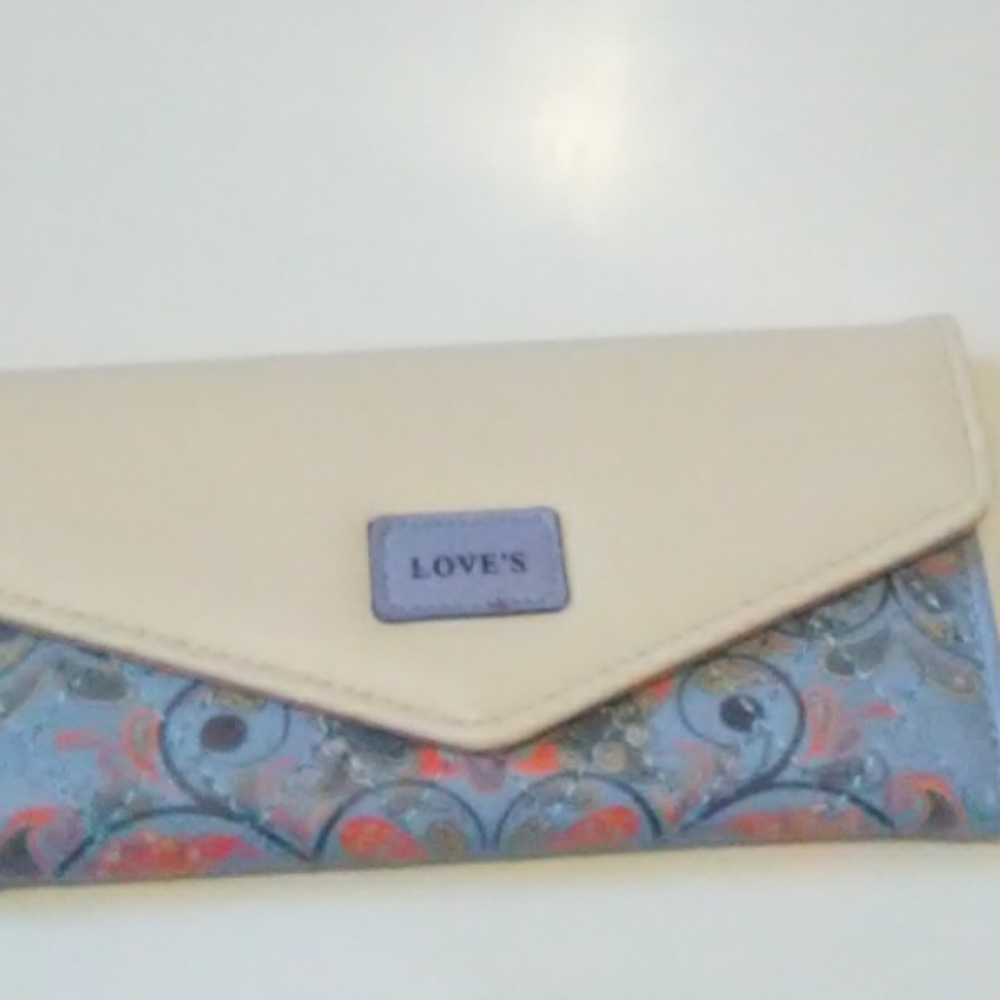 Love's Blue clutch wallet with multicolor design